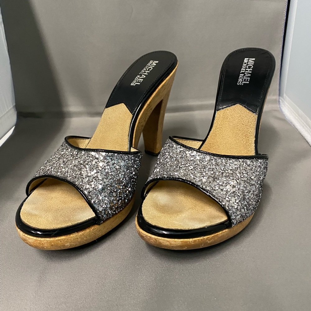 Michael Michael Kors Silver Glitter wood platform slide